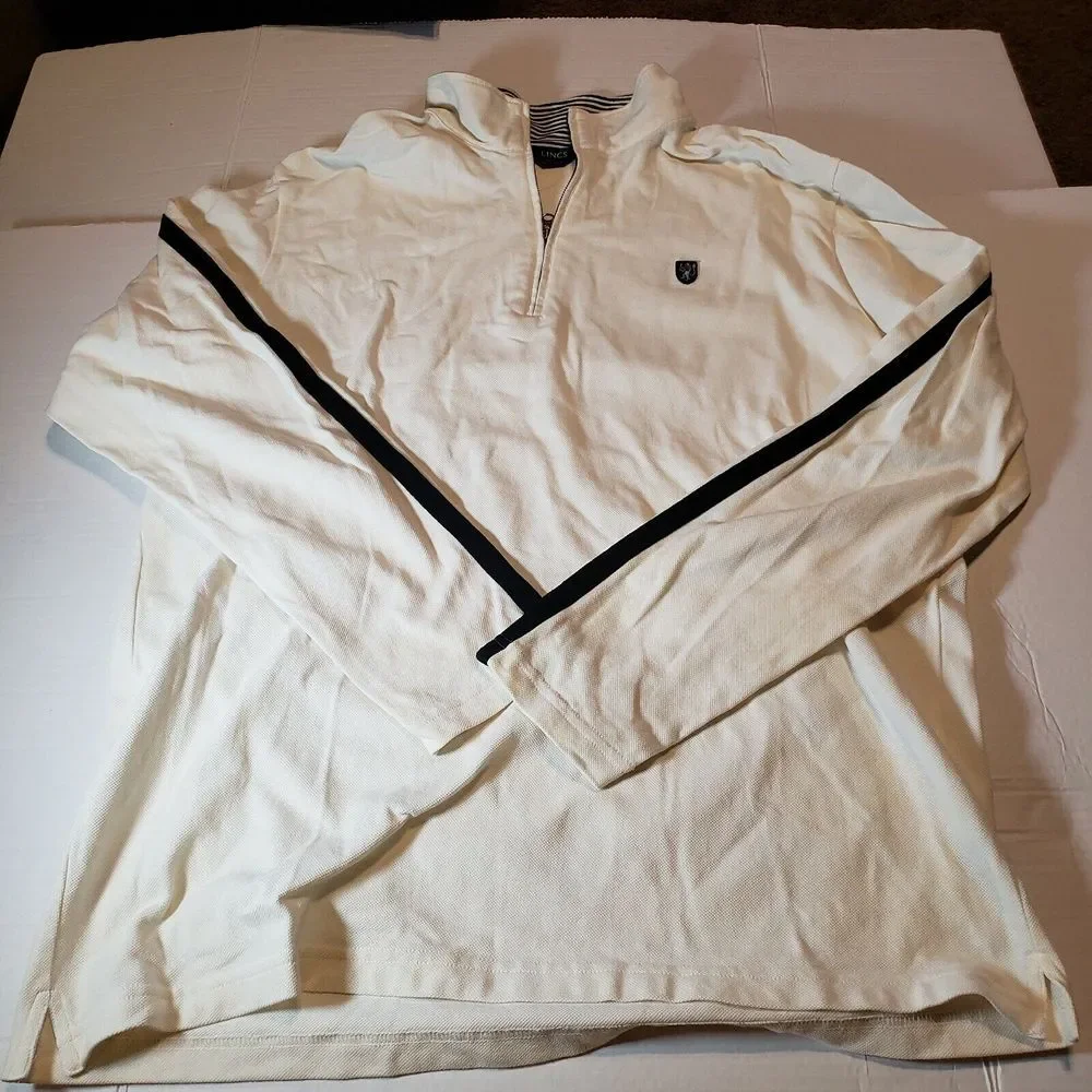 Men's zip pullover LINCS DC&CO Long sleeves cotton XL white w/blue‎ stripe NWOT